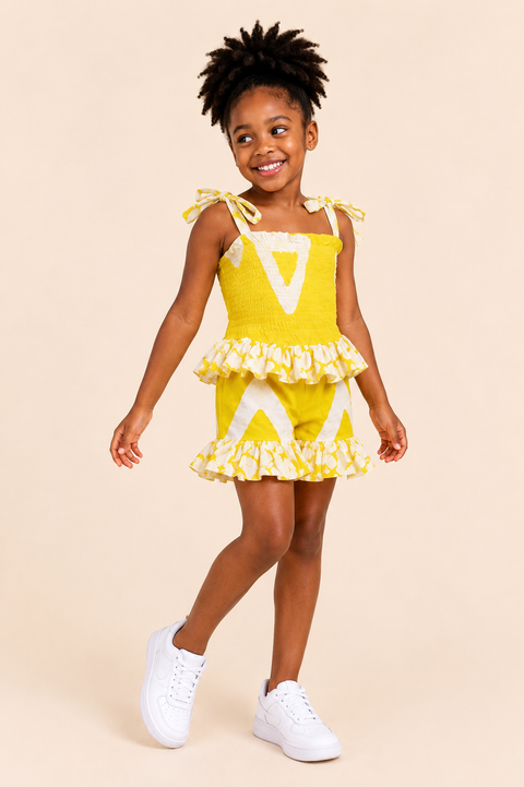 Ajoke Set – Girls Adire Ruffle Shorts Set