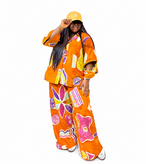 May set - Adire Abstract Print Two-Piece Set (Orange)