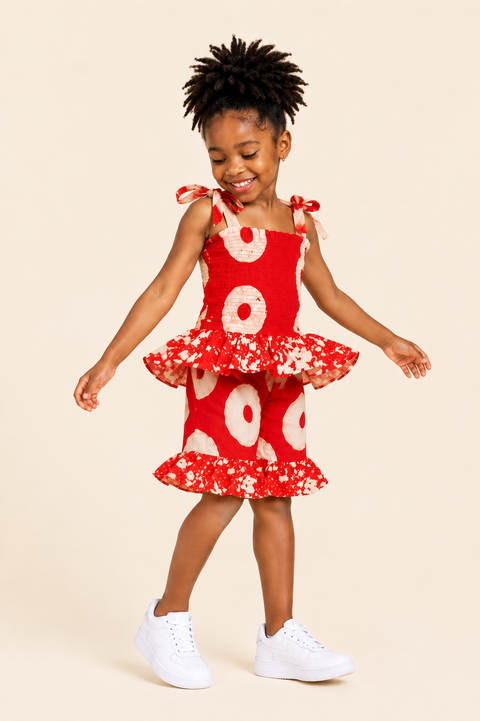 Ajoke Set – Girls Adire Ruffle Shorts Set