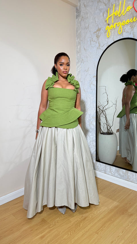 Daniella Set - Green Peplum Top & Maxi Skirt