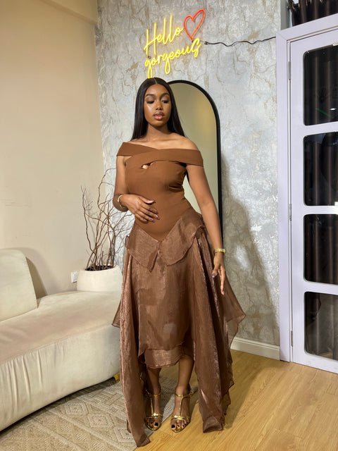 Chelsea Dress – Brown Off-Shoulder Asymmetrical Dress