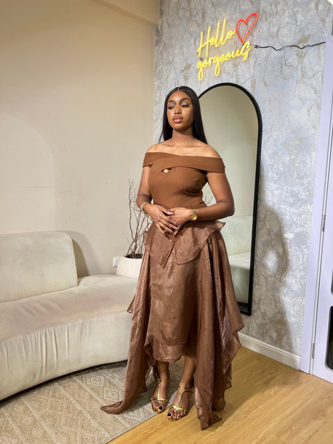 Chelsea Dress – Brown Off-Shoulder Asymmetrical Dress