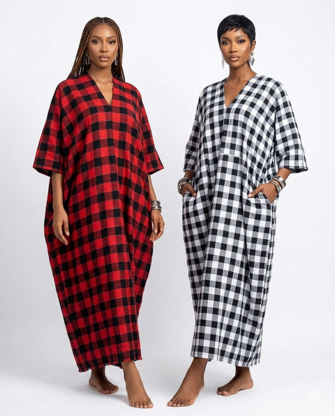 Checkered Cotton Boubou - Red